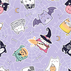 kawaii cats, halloween theme, purple background, pastel colors, cute characters, witch hats, pumpkins, bat wings, mummy wrapping, skeleton bones, crescent moon, stars, spiderwebs,, fabric panel, kawaii style, halloween costumes, adorable animals, festive pattern, seasonal design