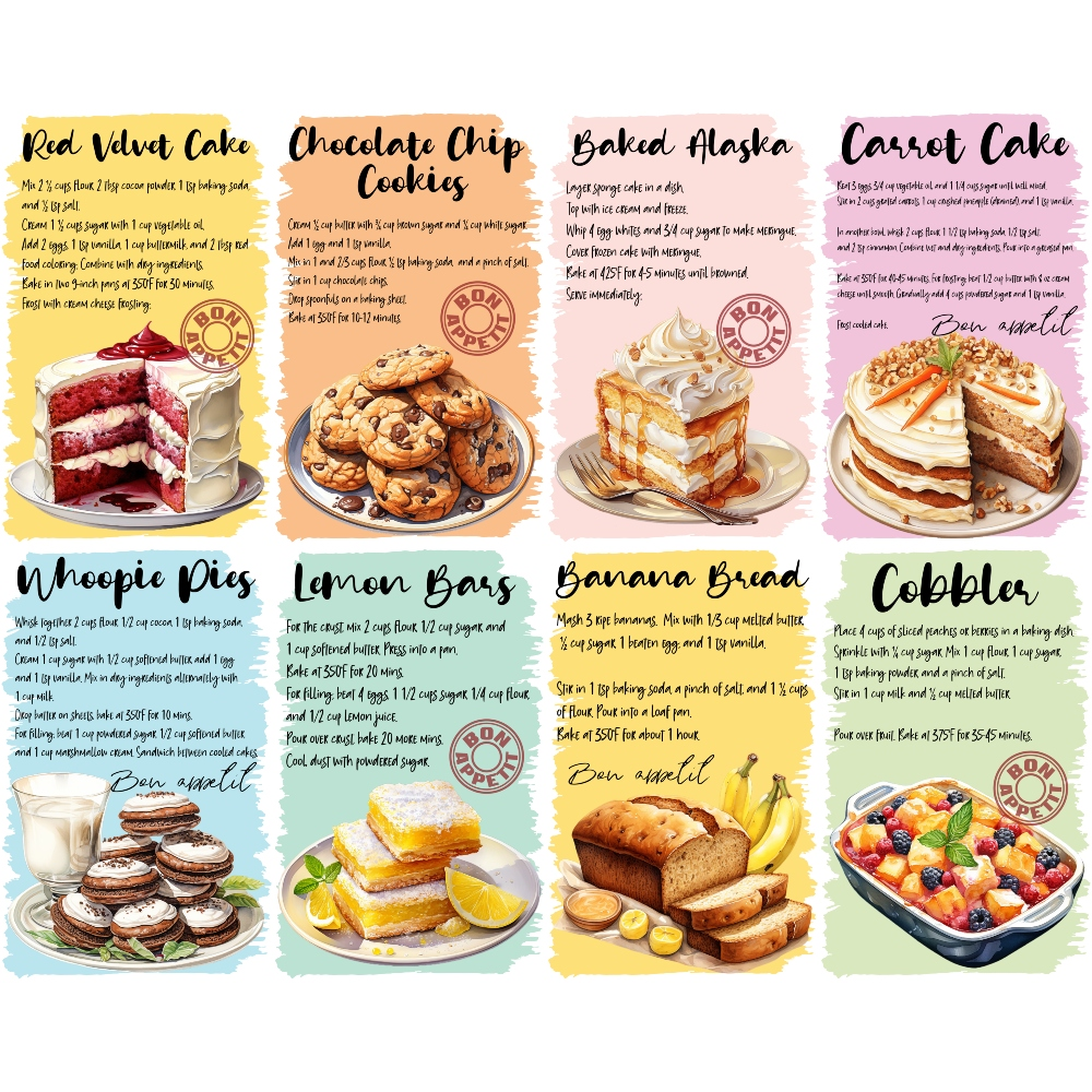 fabric panel, recipe cards, dessert illustrations, baking theme, kitchen motifs, cake designs, cookie graphics, pie artwork, colorful backgrounds, pastel colors, yellow tones, orange hues, pink shades, green accents, blue sections, food illustrations, sweet treats, culinary patterns, recipe collection