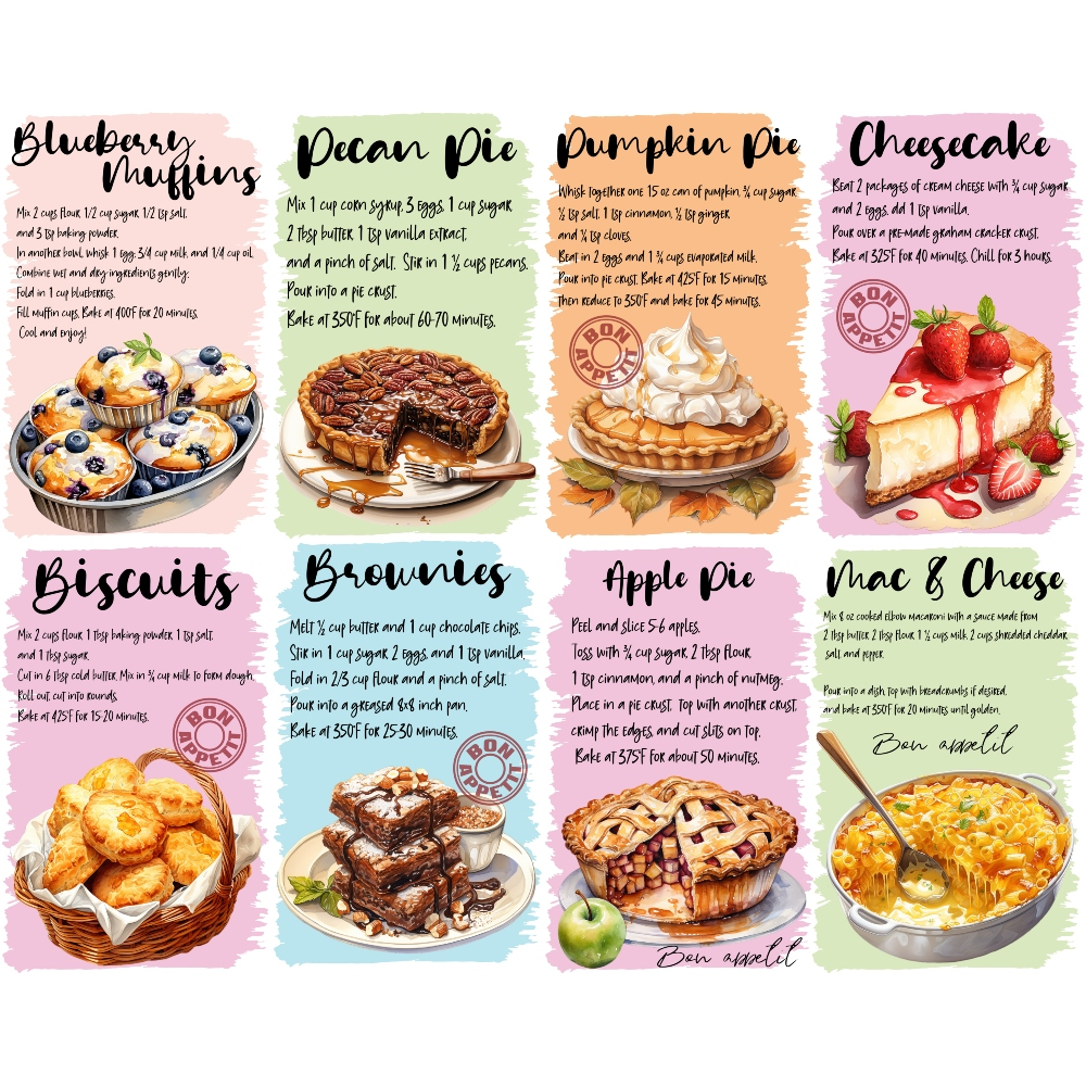 kitchen recipes, food illustrations, baking desserts, recipe cards, pastel colors, pink background, green background, orange background, purple background, blueberry muffins, pecan pie, pumpkin pie, cheesecake, biscuits, brownies, apple pie, mac cheese, cooking instructions,, fabric panel, culinary theme, dessert motifs, watercolor style, recipe collection