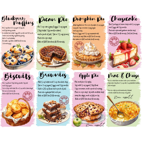 kitchen recipes, food illustrations, baking desserts, recipe cards, pastel colors, pink background, green background, orange background, purple background, blueberry muffins, pecan pie, pumpkin pie, cheesecake, biscuits, brownies, apple pie, mac cheese, cooking instructions,, fabric panel, culinary theme, dessert motifs, watercolor style, recipe collection