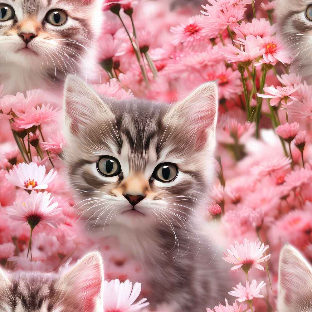 pink flowers, kittens, tabby cats, floral pattern,, fabric panel, wildflowers, soft pink, coral pink, green eyes, cute animals, spring theme, nature design, realistic art style, pet lovers, carnations, whimsical design, feminine colors, crafting fabric