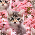 pink flowers, kittens, tabby cats, floral pattern,, fabric panel, wildflowers, soft pink, coral pink, green eyes, cute animals, spring theme, nature design, realistic art style, pet lovers, carnations, whimsical design, feminine colors, crafting fabric