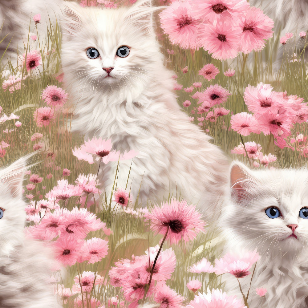 white kittens, blue eyes, pink flowers, wildflowers, floral pattern, cream fur,, fabric panel, meadow scene, soft pastels, whimsical art, adorable cats, nature motif, spring theme, botanical design, realistic illustration, pet lovers, crafting fabric, cotton panel