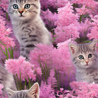 kittens, tabby cats, pink flowers, wildflowers, floral pattern, cotton fabric, quilting panel, purple blooms, magenta petals, blue eyes, striped fur, garden scene, nature motif, feminine colors, craft fabric, sewing material, botanical design, pet themed, spring flowers, soft pastels