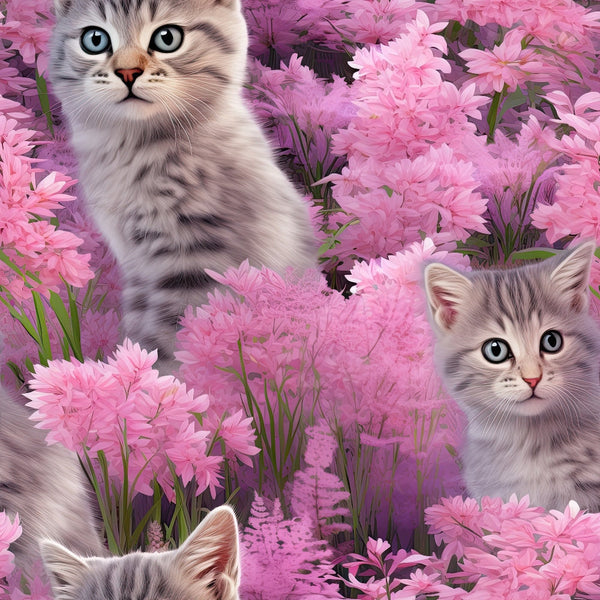 kittens, tabby cats, pink flowers, wildflowers, floral pattern, cotton fabric, quilting panel, purple blooms, magenta petals, blue eyes, striped fur, garden scene, nature motif, feminine colors, craft fabric, sewing material, botanical design, pet themed, spring flowers, soft pastels