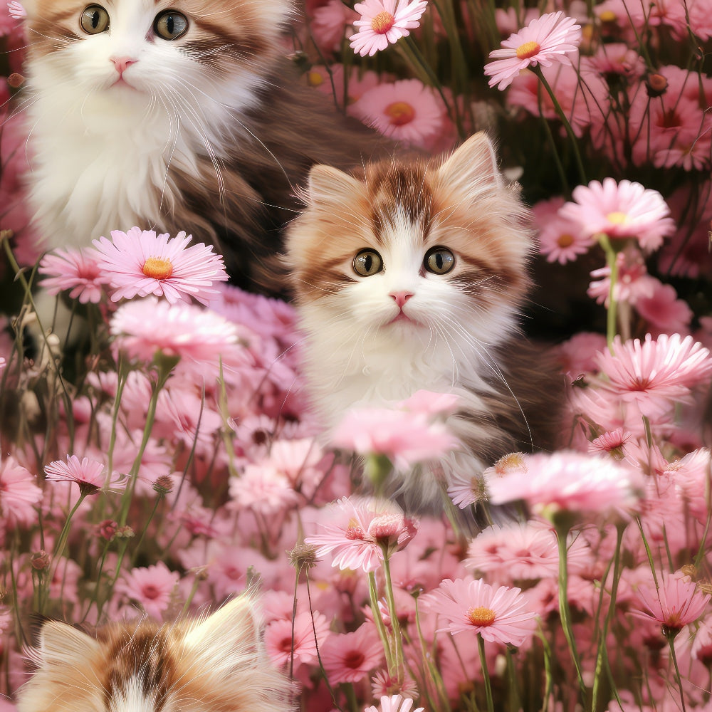kittens, cats, pink flowers, wildflowers, cosmos flowers, daisy-like blooms, floral pattern, adorable animals, spring theme, pastel pink, white fur, orange tabby, calico markings, green eyes,, fabric panel, cute design, garden scene, nature motif, soft colors