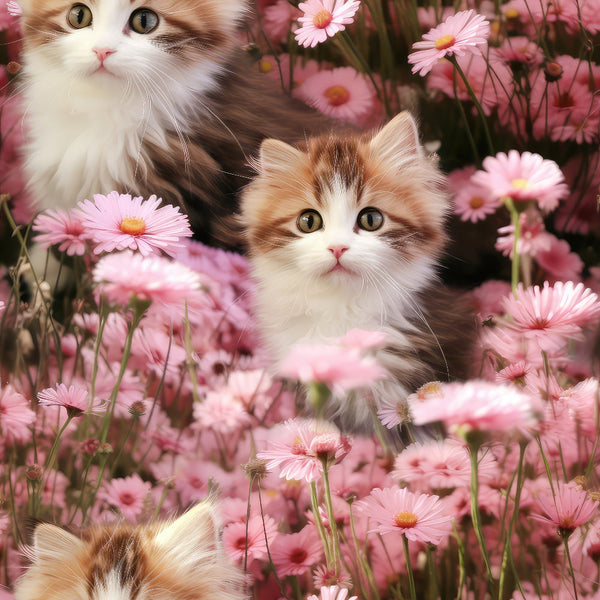 kittens, cats, pink flowers, wildflowers, cosmos flowers, daisy-like blooms, floral pattern, adorable animals, spring theme, pastel pink, white fur, orange tabby, calico markings, green eyes,, fabric panel, cute design, garden scene, nature motif, soft colors