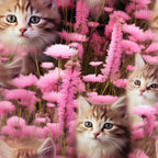 kittens, pink flowers, wildflowers,, fabric panel, tabby cats, floral pattern, pink blooms, cute animals, nature scene, soft pastels, meadow flowers, feline faces, botanical design, spring theme, adorable kittens, flower field, pink petals, realistic cats, whimsical design
