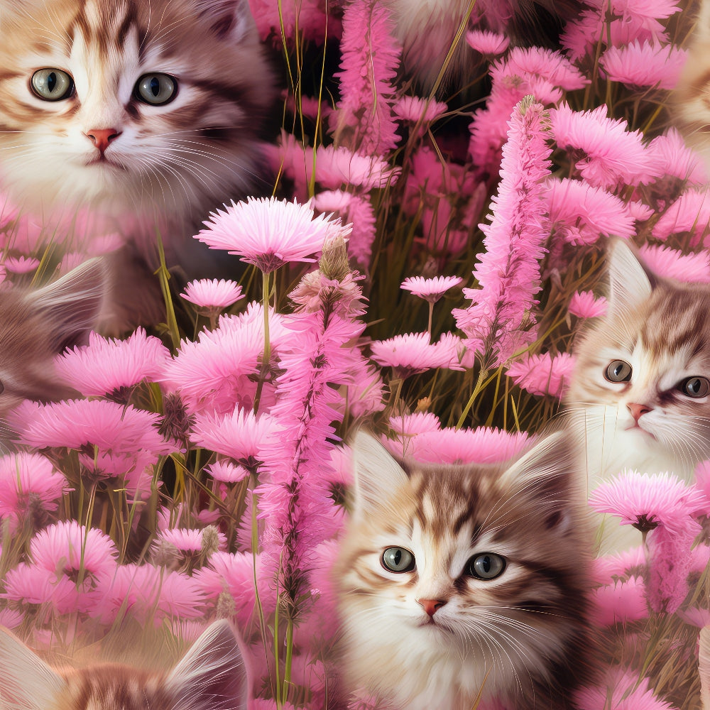 kittens, pink flowers, wildflowers,, fabric panel, tabby cats, floral pattern, pink blooms, cute animals, nature scene, soft pastels, meadow flowers, feline faces, botanical design, spring theme, adorable kittens, flower field, pink petals, realistic cats, whimsical design