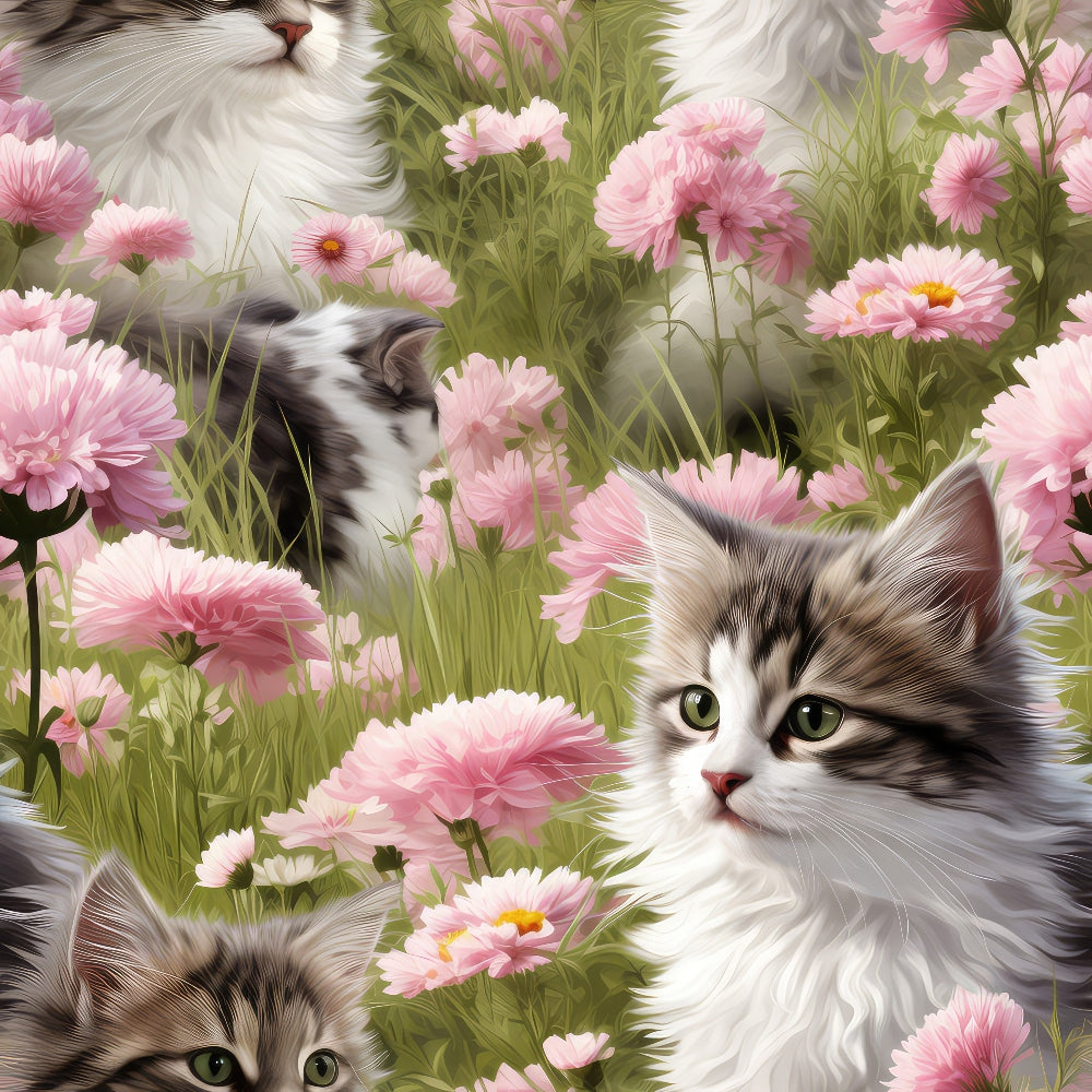 kittens, wildflowers, pink flowers, cosmos flowers, green foliage, tabby cats, white cats, floral pattern,, fabric panel, soft pastels, garden scene, cute animals, realistic art style, spring theme, botanical design, pet illustration, meadow flowers, delicate petals, nature motif