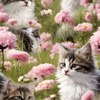 kittens, wildflowers, pink flowers, cosmos flowers, green foliage, tabby cats, white cats, floral pattern,, fabric panel, soft pastels, garden scene, cute animals, realistic art style, spring theme, botanical design, pet illustration, meadow flowers, delicate petals, nature motif