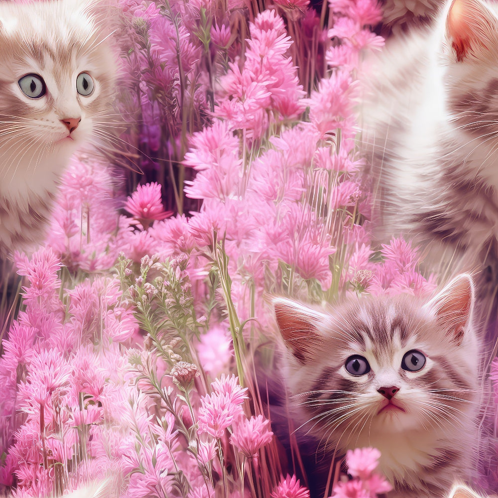pink flowers, kittens, wildflowers,, fabric panel, soft pink, lavender, cream, tabby kittens, floral pattern, nature scene, whimsical art, adorable animals, spring theme, botanical design, cat lovers, gentle colors, realistic illustration, blooming flowers, pet themed