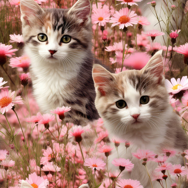pink flowers, tabby kittens, cosmos flowers, wildflower meadow, soft pink, coral pink, green eyes, striped markings, white chest,, fabric panel, floral pattern, spring blooms, cute animals, realistic style, pastoral scene, garden setting, pet theme, nature motifs, daisy-like flowers