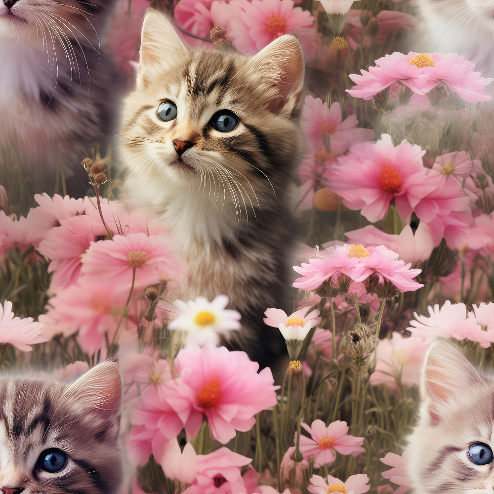 kittens, tabby cats, pink flowers, cosmos flowers, wildflowers, floral pattern, blue eyes,, fabric panel, pastel pink, soft pastels, garden scene, cute animals, whimsical design, spring flowers, pet themed, nature motif, adorable kittens, flower field, romantic florals