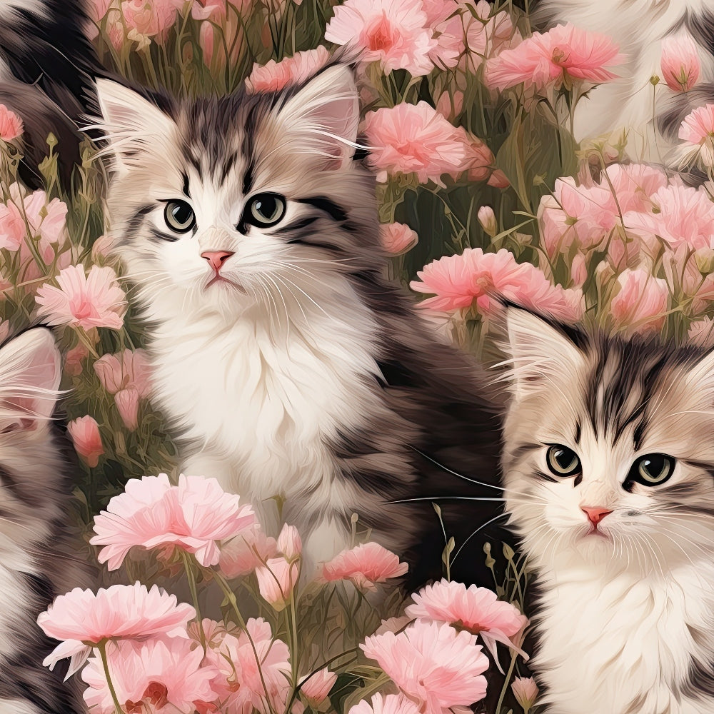 kittens, cats, pink flowers, carnations, floral pattern, tabby markings, green eyes, white fur, brown stripes, botanical design,, fabric panel, soft pink, pale coral, green foliage, adorable animals, pet themed, spring flowers, realistic art style, nature scene