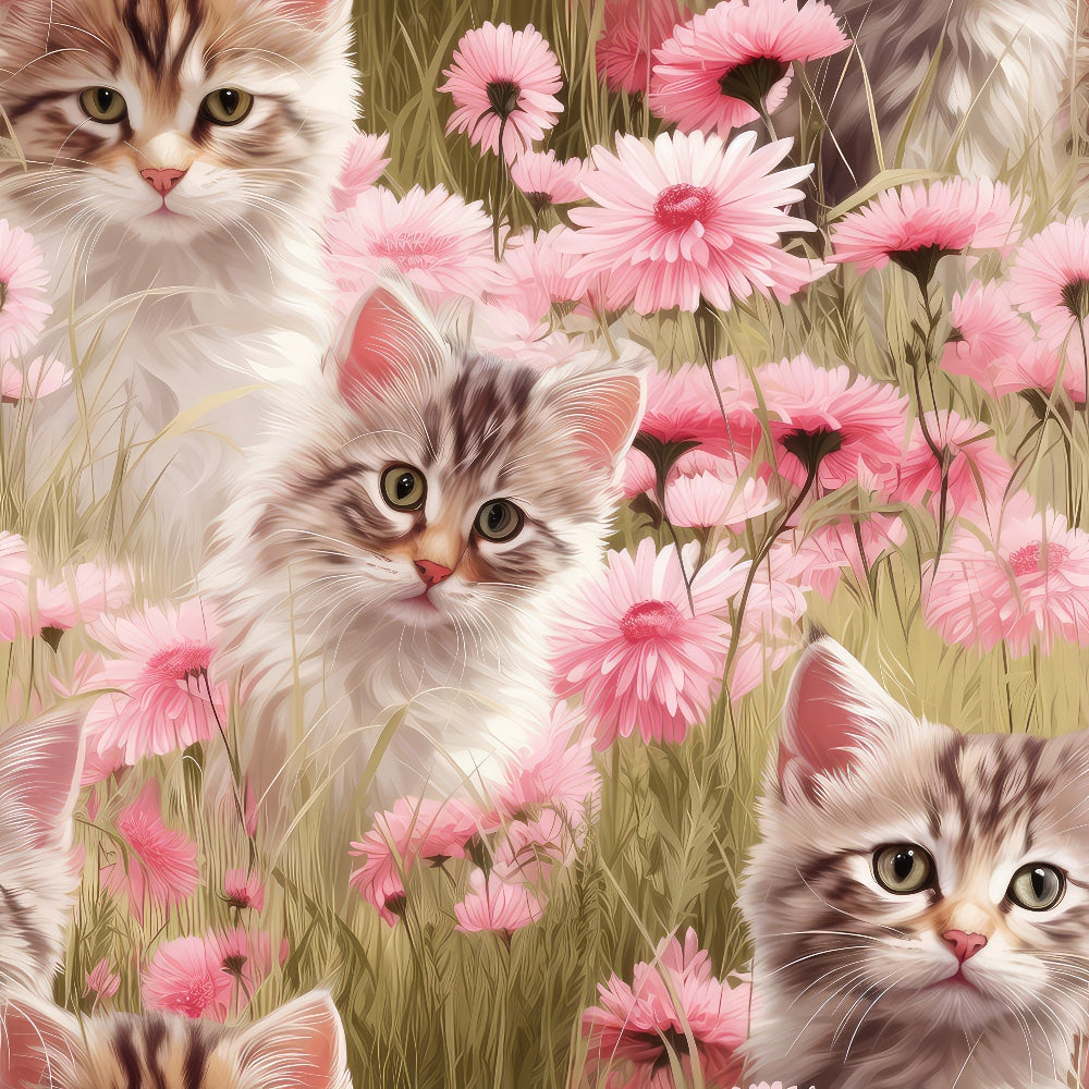 kittens, tabby cats, pink flowers, wildflowers, daisies, green grass, meadow scene, realistic art style, soft pastels,, fabric panel, floral pattern, adorable animals, spring theme, nature motif, pet lovers, coral pink, sage green, cream white, whimsical design