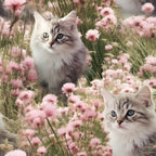 kittens, cats, wildflowers, pink flowers, soft pink, cream white, gray tabby, blue eyes, floral pattern,, fabric panel, spring blooms, pastel colors, adorable animals, nature scene, botanical design, pet themed, meadow setting, gentle colors, whimsical style