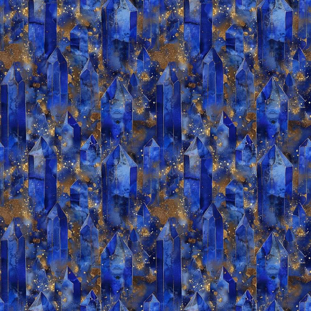 lapis lazuli, deep blue, cobalt blue, golden accents, bronze highlights, gemstone pattern, crystal formations, geometric crystals, mineral designs, marbled texture, celestial pattern, mystical design,, fabric panel, luxurious appearance, jewel tones, abstract geometric, sparkling effect, royal blue, metallic shimmer