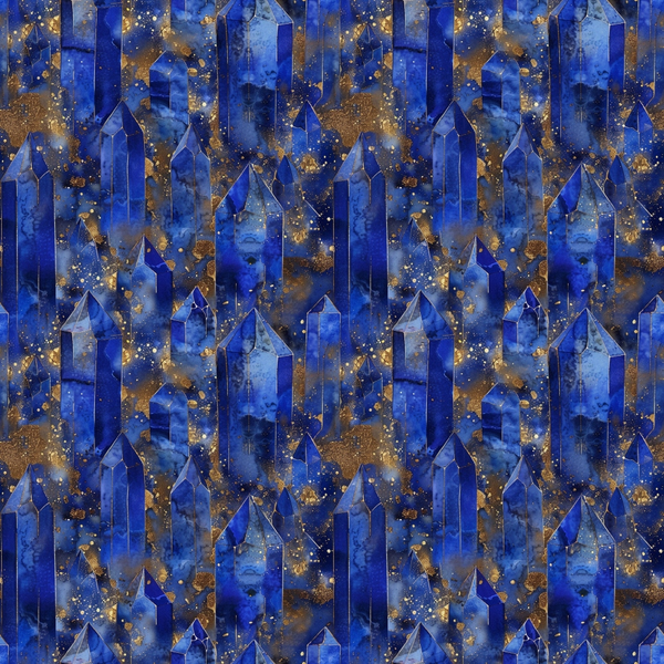 lapis lazuli, deep blue, cobalt blue, golden accents, bronze highlights, gemstone pattern, crystal formations, geometric crystals, mineral designs, marbled texture, celestial pattern, mystical design,, fabric panel, luxurious appearance, jewel tones, abstract geometric, sparkling effect, royal blue, metallic shimmer