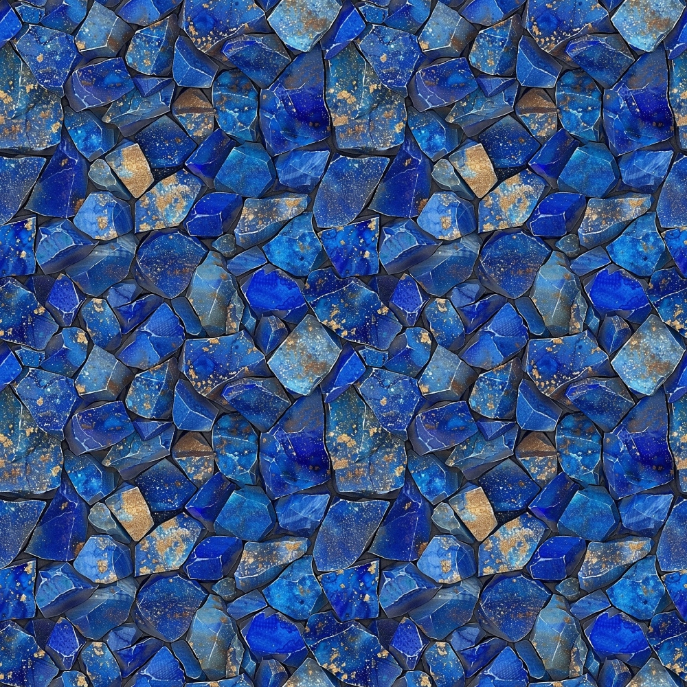 lapis lazuli, gemstones, blue stones, deep blue, cobalt blue, navy blue, gold veining, mineral pattern, rock texture, geological, crystal formation,, fabric panel, seamless repeat, natural stones, precious stones, mosaic pattern, irregular shapes, lustrous finish, earthy tones