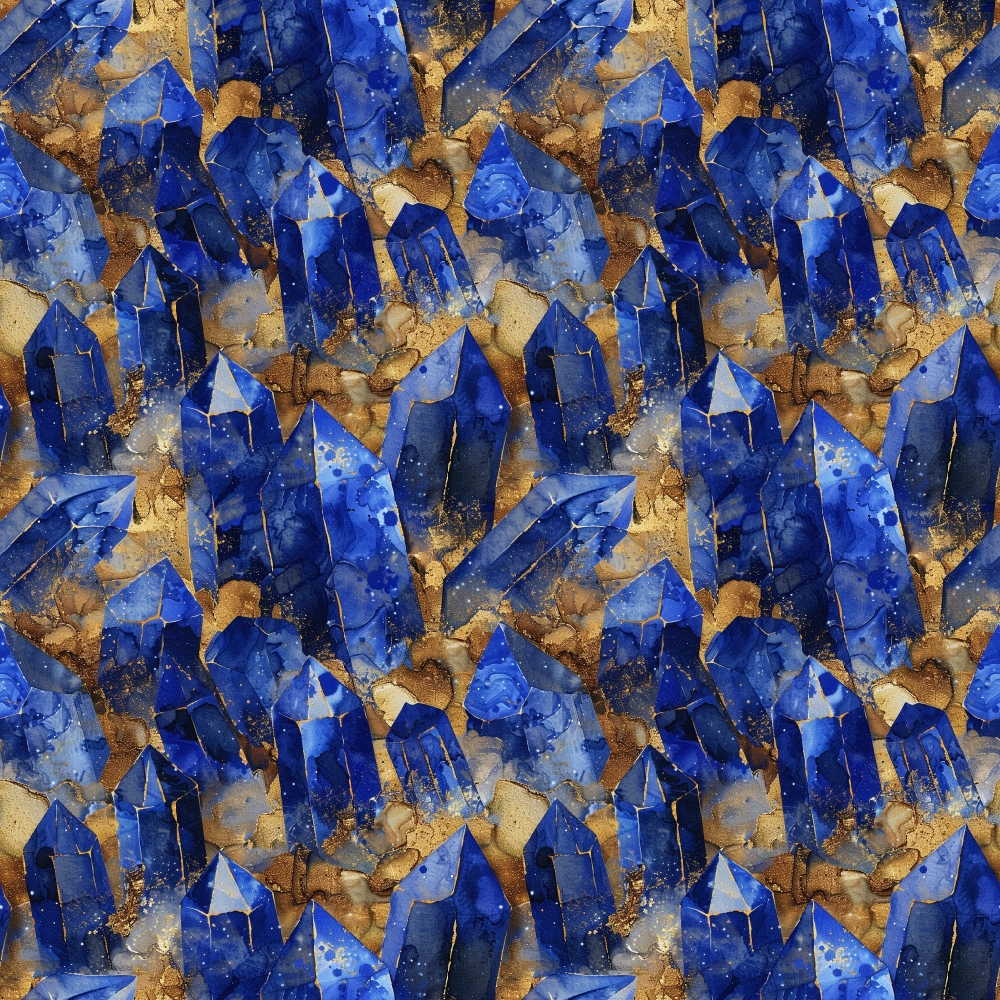 lapis lazuli, deep blue, royal blue, golden brown, amber, gemstone pattern, crystal formations, mineral pattern, geological design, rock formations, natural stones,, fabric panel, luxurious, rich textures, earth tones, precious stones, repeating pattern, crystalline structures, organic shapes