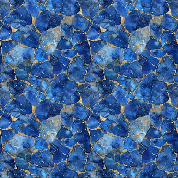 deep blue, sapphire blue, cobalt blue, gold veining, lapis lazuli, gemstone pattern, mineral texture, crystalline structure, marbled effect, geological design, luxurious appearance, metallic accents, natural stone, rock formation,, fabric panel, seamless repeat, organic shapes, jewel tones, elegant pattern