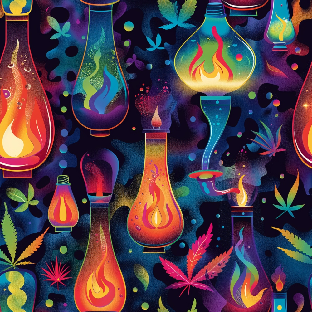 psychedelic, lava lamps, cannabis leaves, neon colors, electric blue, hot pink, vibrant orange, lime green, purple hues, gradient flames, retro pattern, groovy design, 1970s style, trippy aesthetic,, fabric panel, seamless repeat, botanical motifs, glowing effects, cosmic background