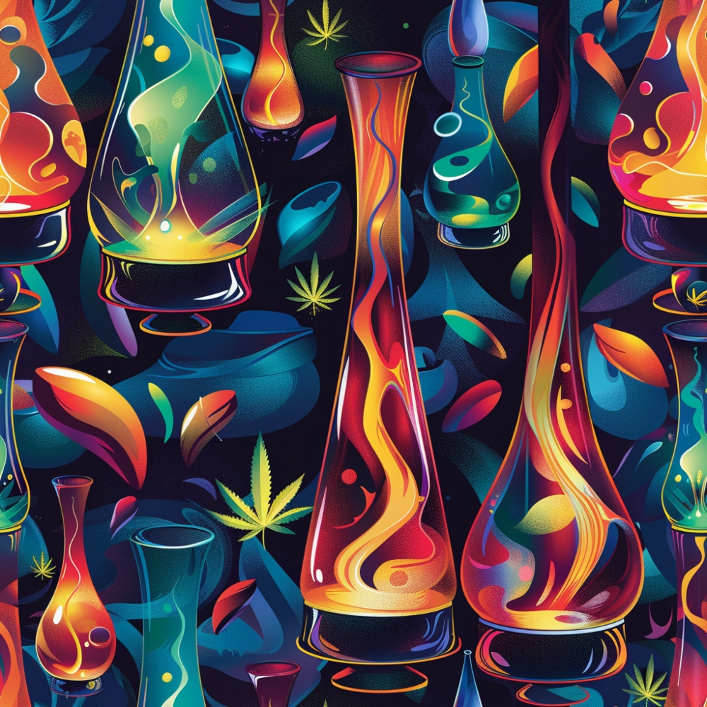 lava lamps, cannabis leaves, psychedelic pattern, vibrant colors, teal blue, orange flames, yellow gradients, purple hues, retro style, groovy design, seamless repeat,, fabric panel, 1970s inspired, flowing shapes, neon colors, abstract motifs, counterculture theme, mod aesthetic, bright illumination