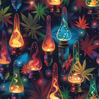 lava lamps, cannabis leaves, marijuana motifs, psychedelic pattern, vibrant colors, orange flames, blue liquid, purple hues, green foliage, cosmic background, retro style, groovy design, swirling motions, bubbling effects,, fabric panel, trippy aesthetic, 1970s inspired, botanical elements, kaleidoscope colors