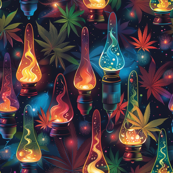 lava lamps, cannabis leaves, marijuana motifs, psychedelic pattern, vibrant colors, orange flames, blue liquid, purple hues, green foliage, cosmic background, retro style, groovy design, swirling motions, bubbling effects,, fabric panel, trippy aesthetic, 1970s inspired, botanical elements, kaleidoscope colors