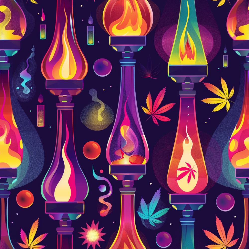 purple, magenta, orange, yellow, teal, lava lamps, cannabis leaves, marijuana motifs, psychedelic pattern, retro style, 1960s inspired, groovy design, colorful flames, geometric shapes, swirling smoke, vibrant colors,, fabric panel, bohemian aesthetic, trippy artwork