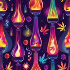 purple, magenta, orange, yellow, teal, lava lamps, cannabis leaves, marijuana motifs, psychedelic pattern, retro style, 1960s inspired, groovy design, colorful flames, geometric shapes, swirling smoke, vibrant colors,, fabric panel, bohemian aesthetic, trippy artwork