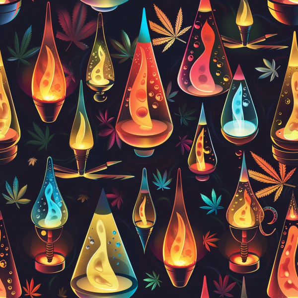 lava lamps, cannabis leaves, marijuana motifs, psychedelic pattern, retro style, groovy design, orange flames, blue liquid, yellow glow, purple hues, teal accents, red gradients,, fabric panel, 1960s inspired, hippie aesthetic, flowing shapes, bubbly texture, dark background, colorful contrast