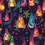 lava lamps, cannabis leaves, marijuana motifs, psychedelic pattern, retro design, vibrant colors, orange flames, purple liquid, yellow glow, turquoise blue, magenta pink, colorful bubbles, 1960s style, groovy aesthetic,, fabric panel, novelty print, flowing shapes, neon bright, cosmic background