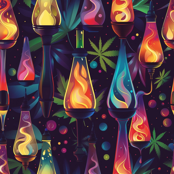 lava lamps, cannabis leaves, marijuana motifs, psychedelic pattern, retro design, vibrant colors, orange flames, purple liquid, yellow glow, turquoise blue, magenta pink, colorful bubbles, 1960s style, groovy aesthetic,, fabric panel, novelty print, flowing shapes, neon bright, cosmic background