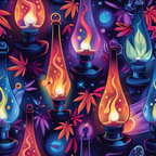 lava lamp, cannabis leaves, marijuana, psychedelic, neon colors, purple background, orange flames, blue glass, retro style, 1960s inspired, groovy pattern, vibrant colors,, fabric panel, hippie aesthetic, cosmic design, flowing shapes, electric blues, hot pink, sunset orange