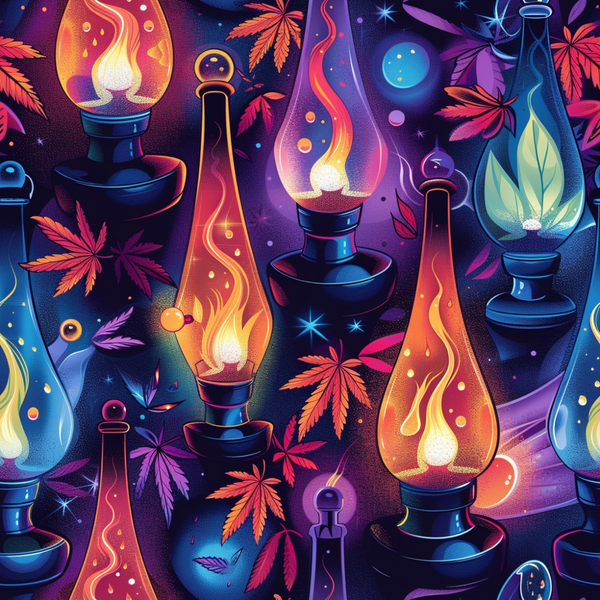 lava lamp, cannabis leaves, marijuana, psychedelic, neon colors, purple background, orange flames, blue glass, retro style, 1960s inspired, groovy pattern, vibrant colors,, fabric panel, hippie aesthetic, cosmic design, flowing shapes, electric blues, hot pink, sunset orange