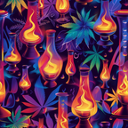 vibrant purple, electric blue, orange flames, yellow glow, cannabis leaves, lava lamps, psychedelic pattern, retro style, neon colors,, fabric panel, groovy design, 1970s inspired, trippy art, botanical motifs, seamless repeat, vivid gradients, alternative culture, bohemian aesthetic