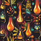lava lamps, cannabis leaves, marijuana motif, psychedelic pattern, retro style, orange flames, yellow glow, purple background, teal accents, gradient colors, 1970s inspired, groovy design, oil lamp shapes, botanical elements,, fabric panel, mod aesthetic, colorful drops, vintage vibes, hippie theme