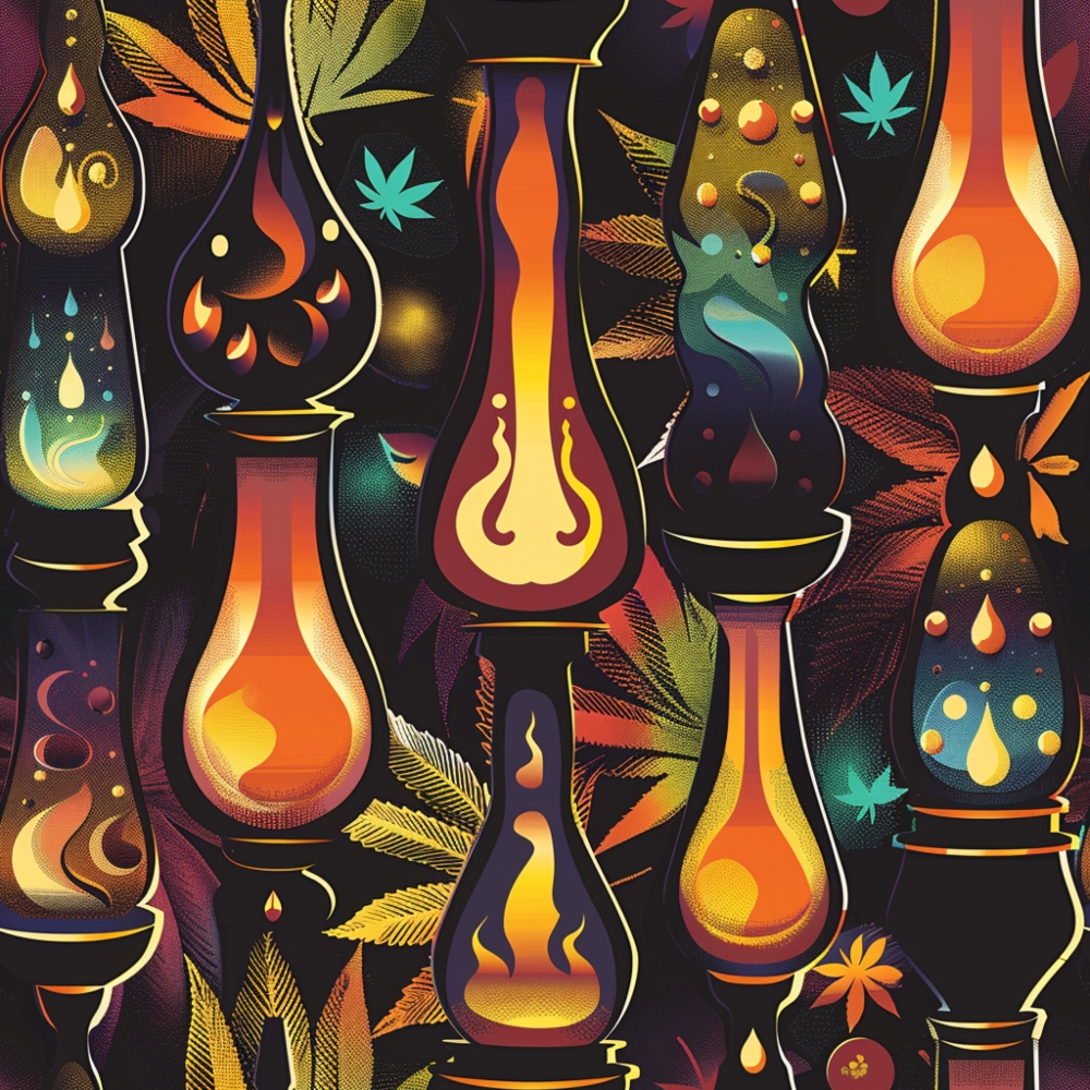 lava lamps, cannabis leaves, marijuana motif, psychedelic pattern, retro style, orange flames, yellow glow, purple background, teal accents, gradient colors, 1970s inspired, groovy design, oil lamp shapes, botanical elements,, fabric panel, mod aesthetic, colorful drops, vintage vibes, hippie theme