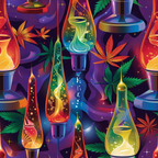 purple, orange, green, yellow, blue, lava lamps, cannabis leaves, marijuana, psychedelic, retro, groovy, bubbling liquid, flowing patterns, swirling motion, metallic accents, sparkles, stars, vibrant colors,, fabric panel, mod design, 1960s style, hippie aesthetic