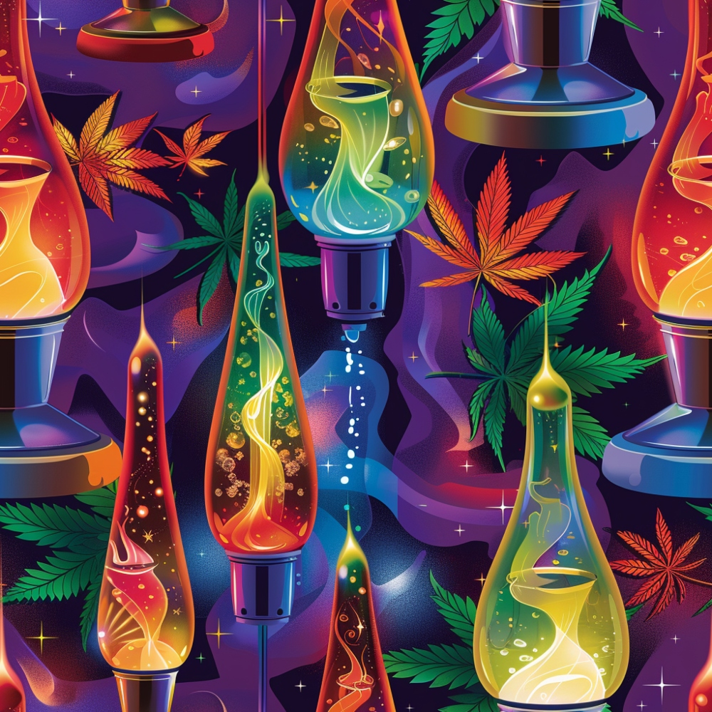purple, orange, green, yellow, blue, lava lamps, cannabis leaves, marijuana, psychedelic, retro, groovy, bubbling liquid, flowing patterns, swirling motion, metallic accents, sparkles, stars, vibrant colors,, fabric panel, mod design, 1960s style, hippie aesthetic