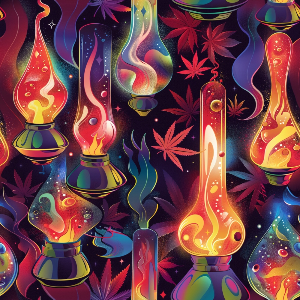 lava lamp, cannabis leaves, marijuana, psychedelic, retro, groovy, vibrant colors, purple, orange, red, yellow, green, swirling patterns, bubbles, cosmic, space age,, fabric panel, seventies style, neon colors