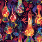 lava lamp, cannabis leaves, marijuana, psychedelic, retro, groovy, vibrant colors, purple, orange, red, yellow, green, swirling patterns, bubbles, cosmic, space age,, fabric panel, seventies style, neon colors