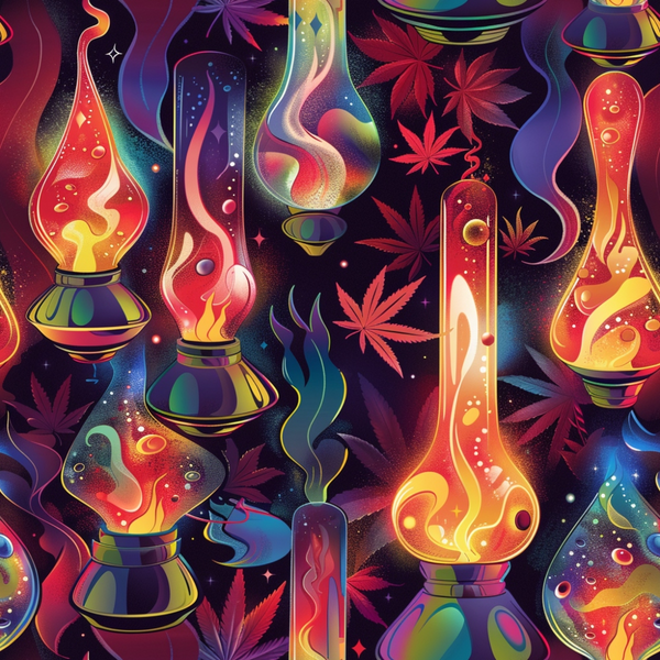 lava lamp, cannabis leaves, marijuana, psychedelic, retro, groovy, vibrant colors, purple, orange, red, yellow, green, swirling patterns, bubbles, cosmic, space age,, fabric panel, seventies style, neon colors