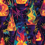 lava lamps, cannabis leaves, marijuana pattern, psychedelic design, vibrant colors, purple background, orange flames, yellow smoke, teal accents, pink highlights, retro style, groovy aesthetic, flowing smoke, colorful vapors,, fabric panel, 1960s inspired, hippie motif, swirling patterns, neon bright