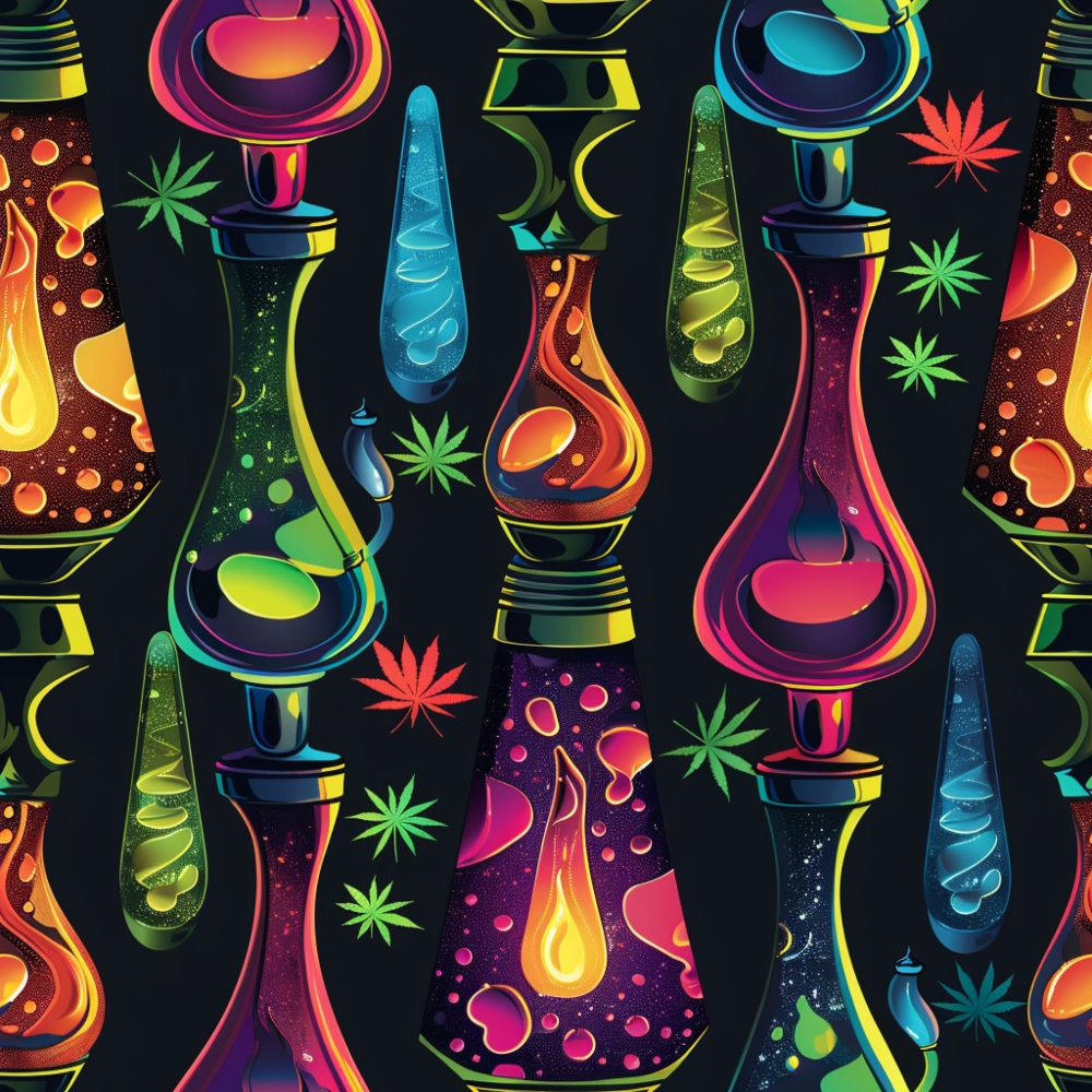 lava lamps, cannabis leaves, marijuana motifs, psychedelic pattern, neon colors, electric blue, hot pink, lime green, orange, purple, yellow, retro style, 1960s inspired, groovy design, bubbling liquid, abstract shapes,, fabric panel, vibrant colors, kaleidoscope effect, mod aesthetic