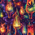 lava lamps, cannabis leaves, marijuana motifs, psychedelic patterns, rainbow colors, neon hues, purple background, orange glow, yellow liquid, green accents, blue tones, retro style, 1960s aesthetic, groovy vibes, bubbling motion, cosmic theme,, fabric panel, novelty print, trippy design