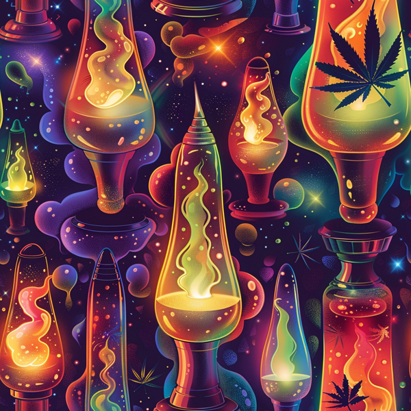 lava lamps, cannabis leaves, marijuana motifs, psychedelic patterns, rainbow colors, neon hues, purple background, orange glow, yellow liquid, green accents, blue tones, retro style, 1960s aesthetic, groovy vibes, bubbling motion, cosmic theme,, fabric panel, novelty print, trippy design