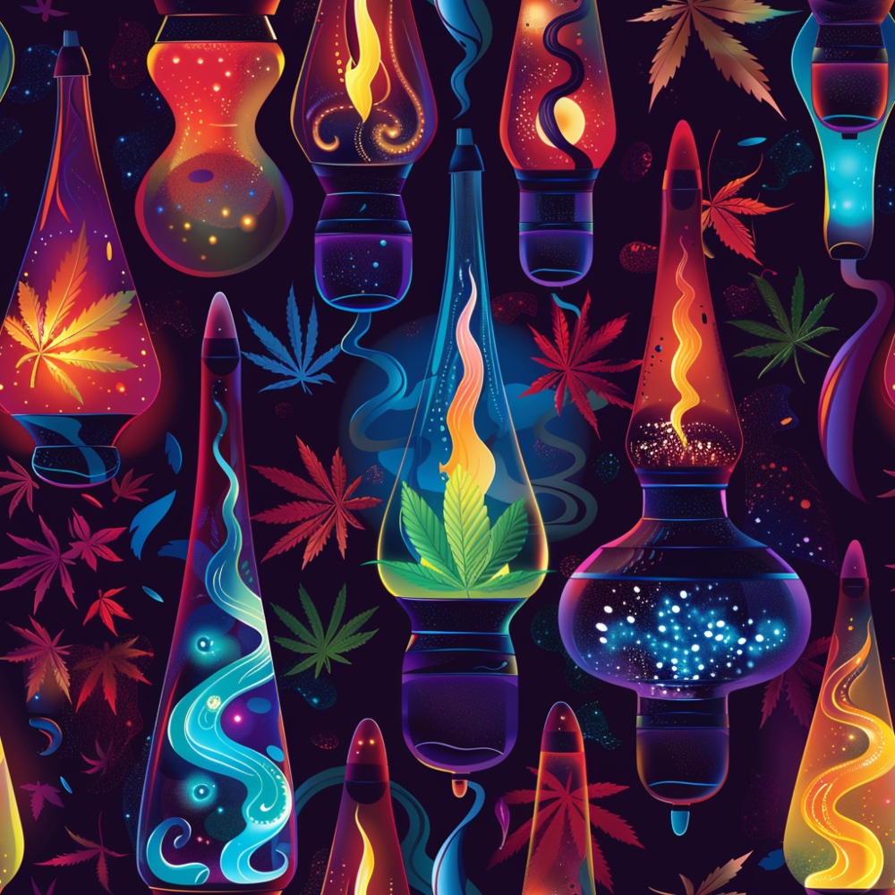 lava lamps, cannabis leaves, marijuana motifs, psychedelic pattern, neon colors, electric blue, hot pink, orange flames, purple hues, green accents, swirling designs, retro style, 1960s inspired, groovy aesthetic,, fabric panel, cosmic elements, starry effects, flowing shapes, bohemian vibe